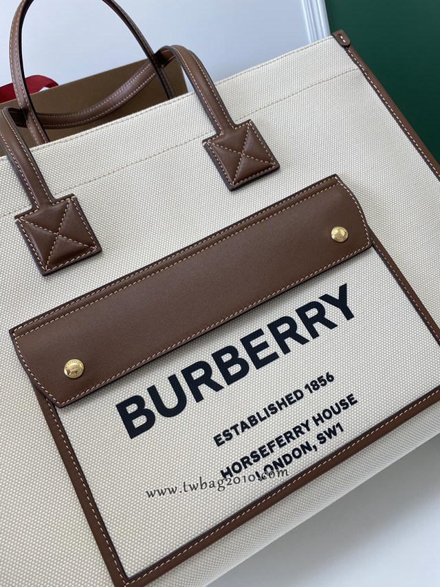 Burberry專門店新款手提女包購物袋 巴寶莉大號雙色帆布拼皮皮革Freya義大利精製托特包 yxb1285